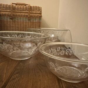Pyrex Clear Glass Mixing Bowls with White Floral Design